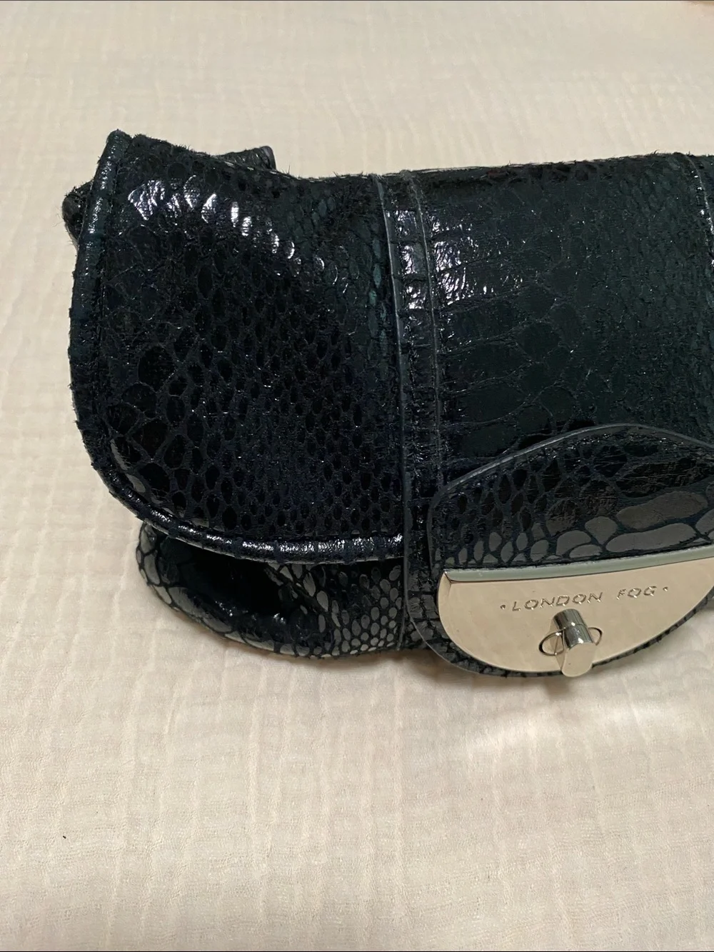 London Fog Black Patent Snakeskin-Embossed Clutch with Silver Hardware